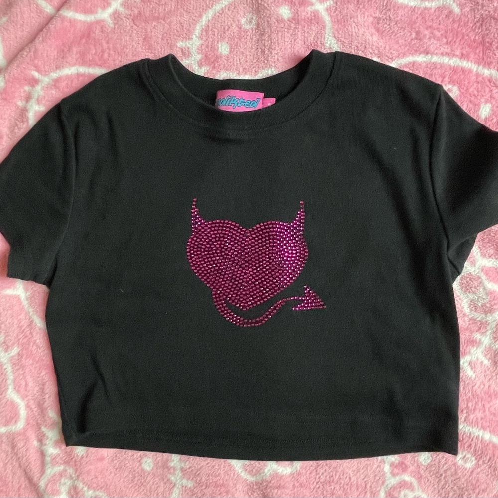 Black Crop Top with Pink Rhinestone Devil